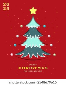 Merry Christmas and Happy New Year greeting card template set with paper cut-out Christmas tree on red background. Modern Trendy Christmas Card. Perfect for festive decoration and poster design.