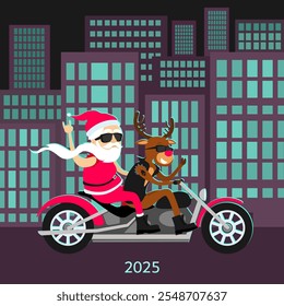 ¡Felices Navidades y Feliz Año Nuevo! Santa Claus y los ciervos montan la motocicleta. Tarjeta de felicitación de Navidad 2025