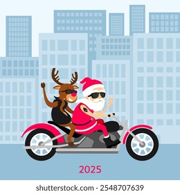 Feliz Natal e Feliz Ano Novo! Papai Noel e veados andam na motocicleta. Cartão de Natal 2025