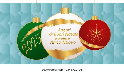 Merry Christmas and Happy New Year in Italian language, greeting web banner. Italy flag colors Holidays Christmas tree balls , card, template, background, poster, holiday cover