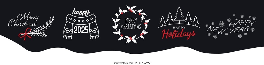 Merry Christmas. Happy New Year, 2025. Typography labels set. Vector logo, emblems, text design. Usable for banners, greeting cards, gifts