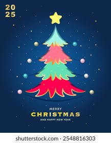 Merry Christmas and Happy New Year greeting card template set with paper cut-out Christmas tree on blue background. Modern Trendy Christmas Card. Perfect for festive decoration and cover design.