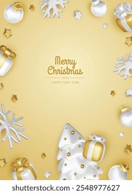 Merry Christmas and happy new year background. Christmas tree, Gift boxes, Christmas balls. Christmas element for web, banners, greeting card, template design.