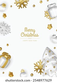 Merry Christmas and happy new year background. Christmas tree, Gift boxes, Christmas balls. Christmas element for web, banners, greeting card, template design.