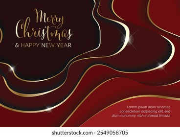 Merry Christmas and happy new year modern Christmas card layoute template with deep paper cut effect made from red papers with golden borders