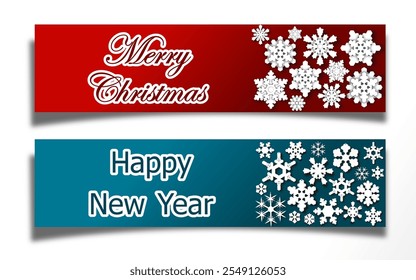 Merry Christmas and happy New Year template. set of cards with silhouettes of hanging paper cut snowflakes. bright vector illustration en blue and red. for greeting, backdrop, invitation, poster