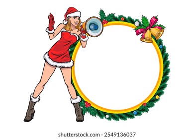 merry christmas and happy new year Beautiful Santa woman showing your text pop art comics style