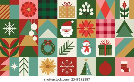 Merry Christmas and Happy New Year seamless pattern. geometric modern background squares with icons scandinavian style. trendy design christmas wallpaper, packaging, banner, card, cover, advertising