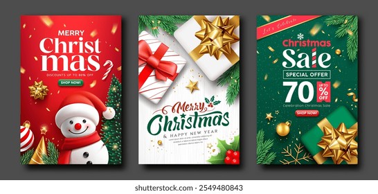 Merry christmas and Happy new year sale, ornaments poster flyer design, three styles collections background, Eps 10 vector illustration