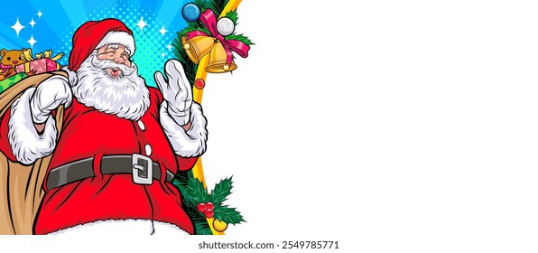 Merry christmas happy new year Santa showing your text pop art comics vintage style