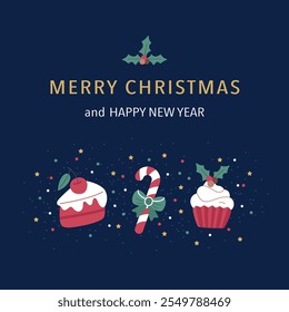 Feliz Natal e cartão de feliz ano novo com cupcakes, bolos, e um pirulito em um fundo azul