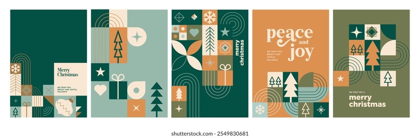 Feliz Natal e Feliz Ano Novo. Ilustrações de vetor de design geométrico para cartão de saudação, cartão de convite de festa, banner de site, banner de mídia social, material de marketing.