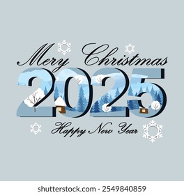 Merry Christmas and happy new year 2025 text design with decorative snowflakes, perfect for festive winter-themed greetings and illustrations