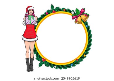 Feliz Natal feliz ano novo Linda Santa mulher mostrando seu texto pop art quadrinhos estilo vintage