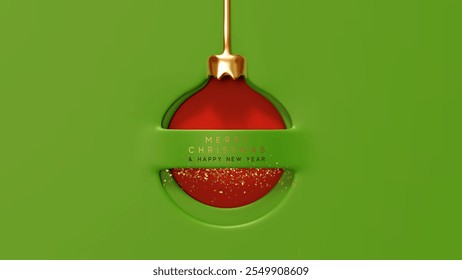 Merry Christmas and Happy New Year. Paper cut and embossed design red Christmas ornament with golden accents green background. Xmas minimal ball. vector illustration