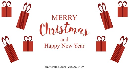 Merry Christmas and happy new year greeting banner template design. XMAS gift box and typography inscription isolated white background. Christmas Frame template design. EPS 10
