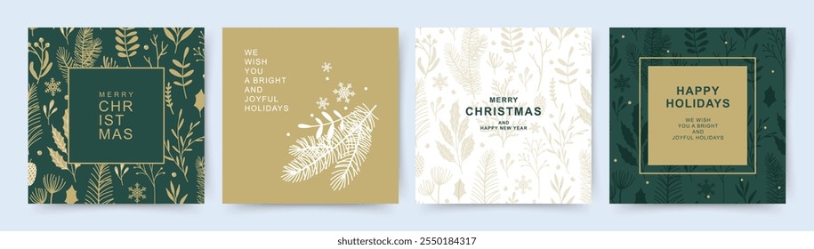 Conjunto de tarjetas de felicitación de feliz Navidad y feliz año Nuevo. Fondo con un patrón de ramas de pino dorado y plantas de invierno. Plantillas de Vector de Festiva para Anuncio, invitación, publicidad, redes sociales