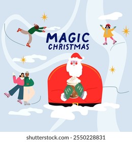 Merry Christmas, Happy New Year and winter holidays. Design for Christmas and New Year greeting card. Cartoon flat people and Santa Claus. Winter sports, skating. Winter active recreation