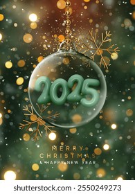 Feliz Navidades y feliz año Nuevo fondo verde oscuro. Colgante Elegante adorno de Navidades de vidrio con copos de nieve dorados, brillantes luces bokeh y dentro de los números 2025 . Ilustración vectorial