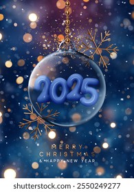 Feliz Navidades y feliz año Nuevo fondo azul oscuro. Colgante Elegante adorno de Navidades de vidrio con copos de nieve dorados, brillantes luces bokeh y dentro de los números 2025 . Ilustración vectorial