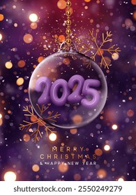 Feliz Navidades y feliz año Nuevo fondo lila oscuro. Colgante Elegante adorno de Navidades de vidrio con copos de nieve dorados, brillantes luces bokeh y dentro de los números 2025 . Ilustración vectorial