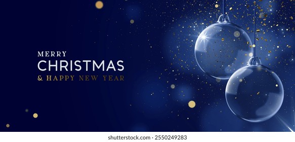 Merry Christmas and Happy New Year banner. Realistic 3d design Elegant Christmas glass ornaments hanging on ribbon, golden confetti on dark blue background. Xmas two bauble balls. Vector illustration