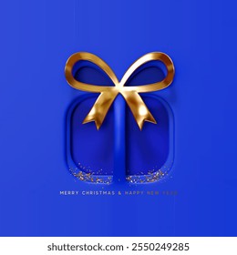 Merry Christmas and Happy New Year background. Paper cut and embossed design Christmas gift shaped and gold bow, vibrant blue color inside. Xmas minimal gift box. vector illustration