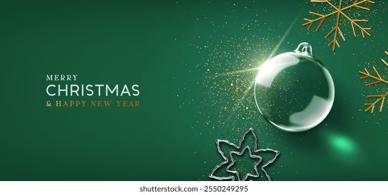 Merry Christmas and Happy New Year background. Christmas realistic 3d transparent ornament, glass star, flat top view, gold metallic snowflakes and confetti. Dark green background. Vector illustration