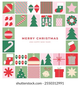 Merry Christmas and Happy New Year greeting card, banner, cover in simple geometric style with simple shapes of Christmas tree, ball, candies.