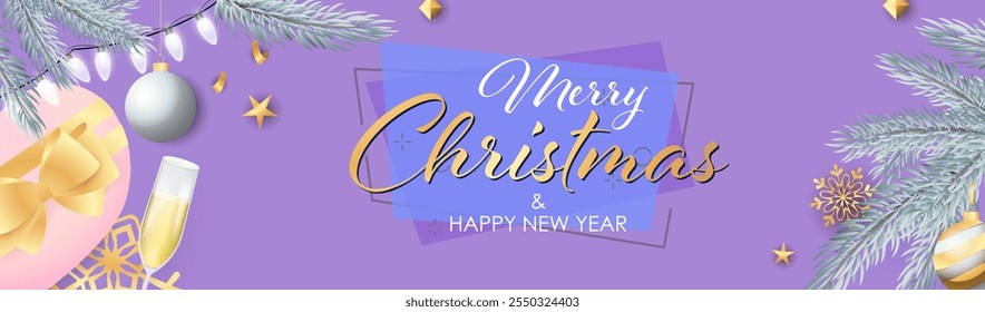 Merry Christmas and Happy New Year banner with sparkling silver light bulbs, presents and champagne glass on purple background. Lettering can be used for posters, leaflets, announcements