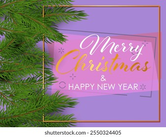 Merry Christmas and Happy New Year design in gold frame with fir branches on purple background. Lettering can be used for posters, leaflets, announcements