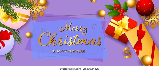 Merry Christmas and Happy New Year festive poster. Design with Christmas balls, swirl elements on violet background. Lettering can be used for greeting cards, posters, leaflets