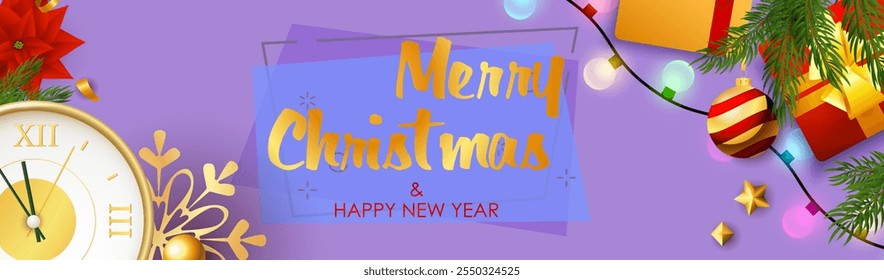 Merry Christmas and Happy New Year design with sparkling colorful light bulbs, presents and clock coming to midnight on purple background. Lettering can be used for posters, leaflets, announcements