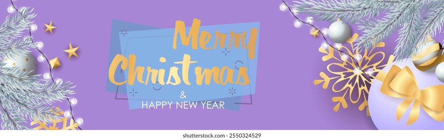 Merry Christmas and Happy New Year design with sparkling silver light bulbs, presents and gold star decoration on purple background. Lettering can be used for posters, leaflets, announcements