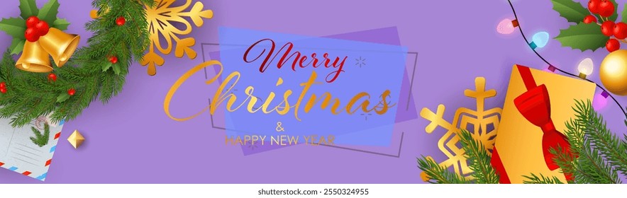 Merry Christmas and Happy New Year poster design with presents, fir branch and jingle bells on purple background. Lettering can be used for posters, leaflets, announcements