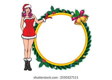 Merry christmas happy new year Beautiful Santa woman showing your text pop art comics vintage style