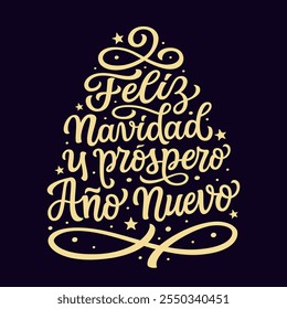 Feliz Natal e feliz Ano Novo em espanhol. Texto de script dourado com letras da mão isolado no plano de fundo preto. Tipografia vetorial para cartazes, banners, cartões, decorações de Natal e ano novo