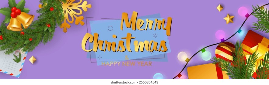 Merry Christmas and Happy New Year banner with presents, fir branch and jingle bells on purple background. Lettering can be used for posters, leaflets, announcements