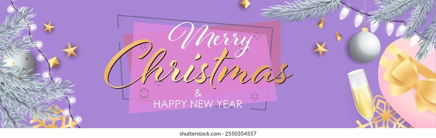 Merry Christmas and Happy New Year design with sparkling silver light bulbs, presents and champagne glass on purple background. Lettering can be used for posters, leaflets, announcements