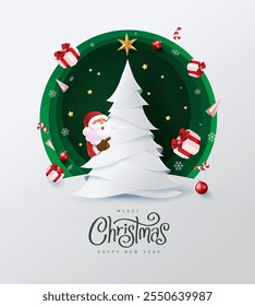 Merry christmas and happy new year background Decorated with happy Santa Claus christmas tree and festive decoration