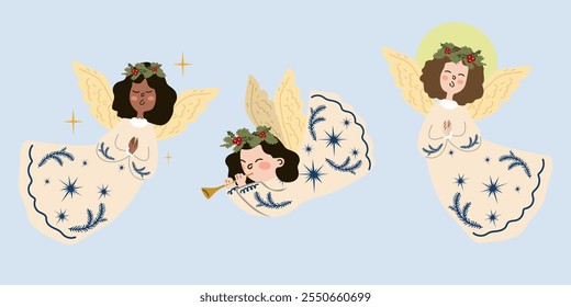 Merry Christmas and Happy New Year greeting card. Collection of a little girl angel. Cute little angels with gold nimbus and wings. Vector illustration in cartoon flat style for Xmas holiday greeting