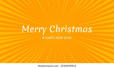 Merry Christmas and Happy New Year backdrop in pop art style. Yellow comic book halftone dotted background for Christmas holiday greeting card. Vector illustration