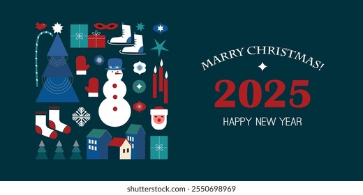 Merry Christmas and Happy New Year modern abstract minimalist geometric card . Christmas colorful illustration in flat cartoon style. Xmas background vector design.