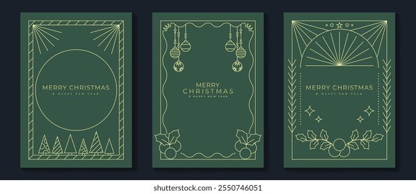 Merry Christmas and Happy New Year frame greeting card vector set. Luxury invitation with Christmas tree, bauble, holly, gift line art on green background. Design illustration for season's card, ads.