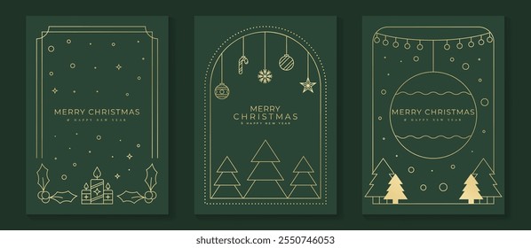 Conjunto de Vector de tarjeta de felicitación de marco de feliz Navidad y feliz año Nuevo. Invitación de lujo con árbol de Navidad, chuchería, acebo, arte de línea de regalo sobre fondo verde. Ilustración de diseño para la tarjeta de la temporada, anuncios.