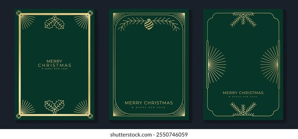 Conjunto de Vector de tarjeta de felicitación de marco de feliz Navidad y feliz año Nuevo. Invitación de lujo con árbol de Navidad, chuchería, acebo, arte de línea de regalo sobre fondo verde. Ilustración de diseño para la tarjeta de la temporada, anuncios.