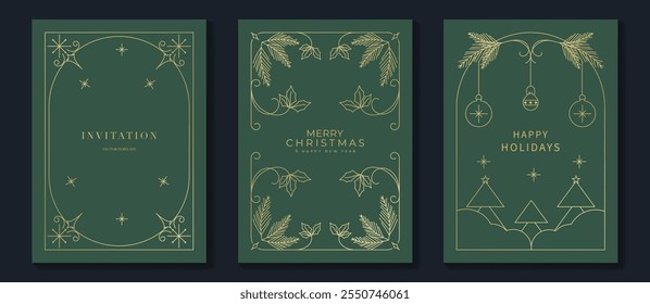 Conjunto de Vector de tarjeta de felicitación de marco de feliz Navidad y feliz año Nuevo. Invitación de lujo con árbol de Navidad, chuchería, acebo, arte de línea de regalo sobre fondo verde. Ilustración de diseño para la tarjeta de la temporada, anuncios.