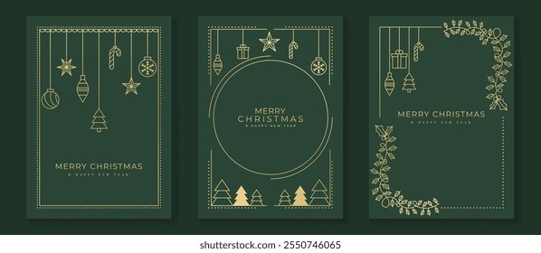 Merry Christmas and Happy New Year frame greeting card vector set. Luxury invitation with Christmas tree, bauble, holly, gift line art on green background. Design illustration for season's card, ads.