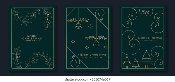 Merry Christmas and Happy New Year frame greeting card vector set. Luxury invitation with Christmas tree, bauble, holly, gift line art on green background. Design illustration for season's card, ads.