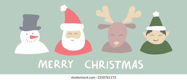 Merry Christmas and happy new year greeting card with cute simple Santa Claus, little elf, snowman and deer. Holiday cartoon flat character in winter season.